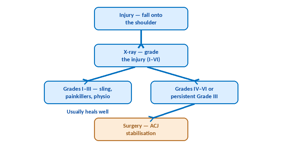 Flowchart of the management pathway for ACJ dislocation: injury from a fall onto the shoulder, X-ray to grade the injury I-VI, then Grades I-III treated with sling painkillers and physio, or Grades IV-VI (or persistent Grade III) proceeding to ACJ stabilisation surgery