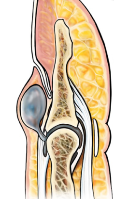 Cross-section diagram of the fingertip joint showing a mucous cyst forming next to a bone spur associated with osteoarthritis