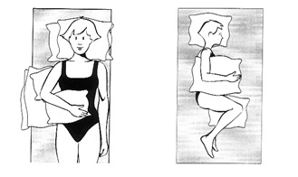 Recommended sleeping positions after shoulder surgery, propped up on pillows or lying on your side hugging a pillow