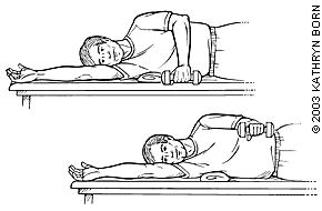 Side-lying external rotation exercise with a light dumbbell