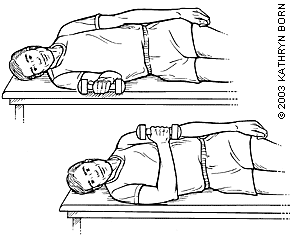 Internal rotation exercise lying on your back with a light dumbbell