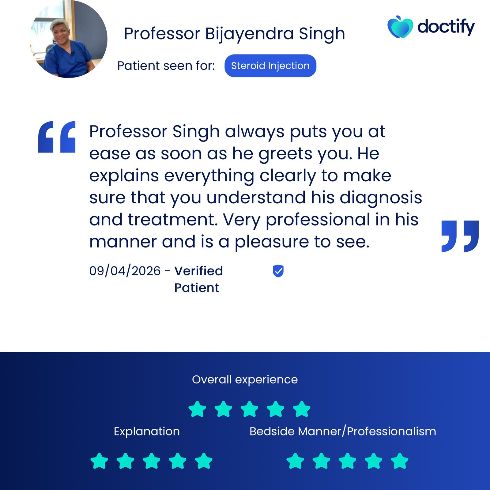 Verified Doctify patient testimonial for Prof. Bijayendra Singh - review 3